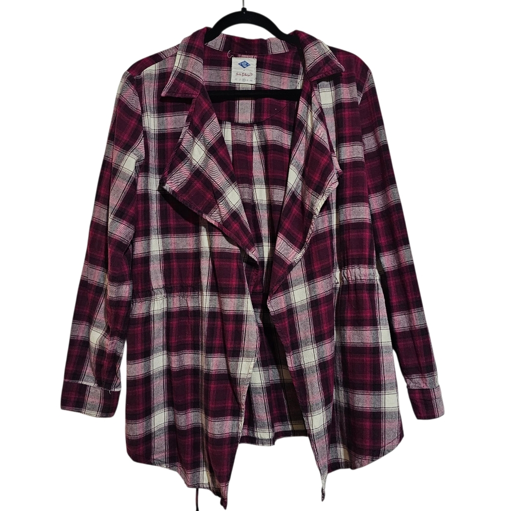 Sadie Robertson Plaid Open Front Jacket 100% Cotton Burgundy And White Medium